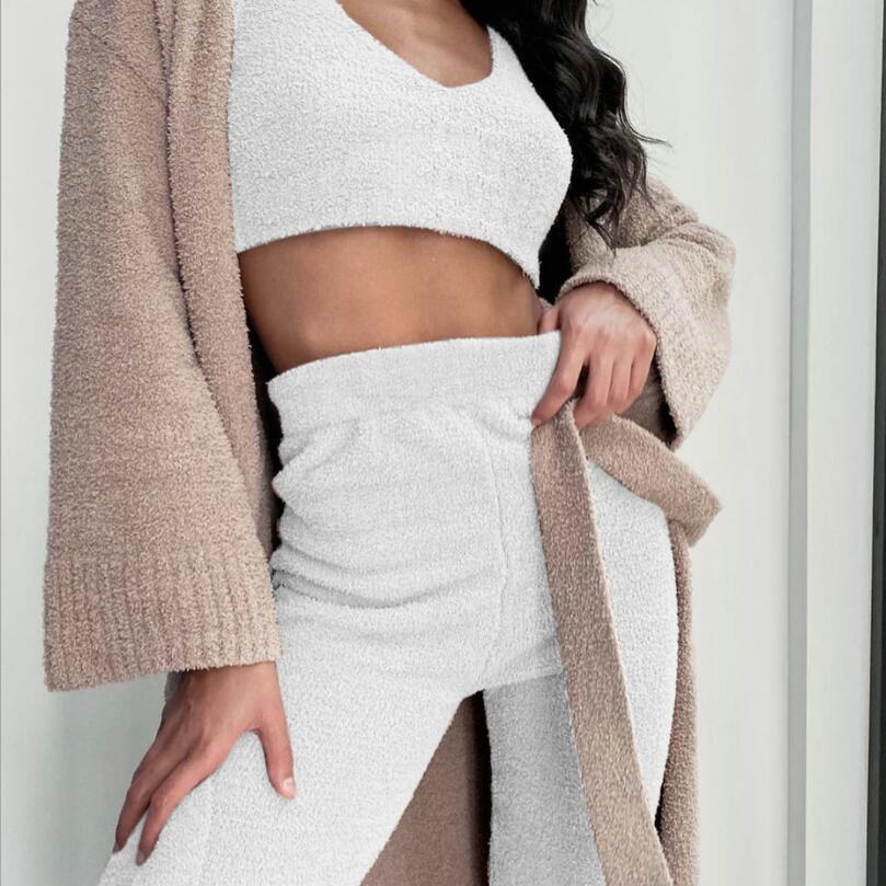 3pcs Drawstring Shorts Pajama Set For Women's Clothing Long Sleeve Crop Tank Top And