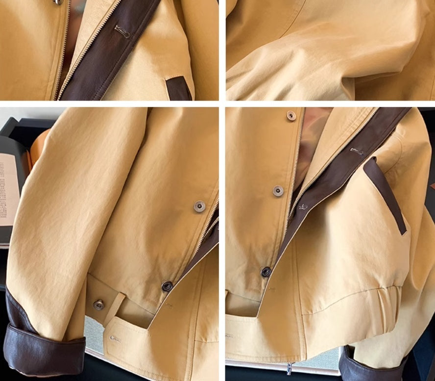 Autumn Short Coat Khaki Leather Patchwork Stand Collar Jacket